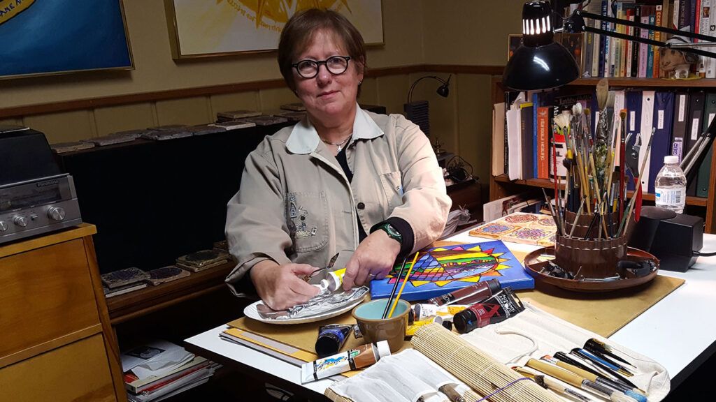 Linda Schadewald with the tools of her artistic trade