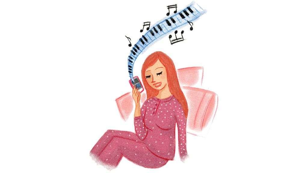 An artist's rendering of a woman listening to comforting music on her phone