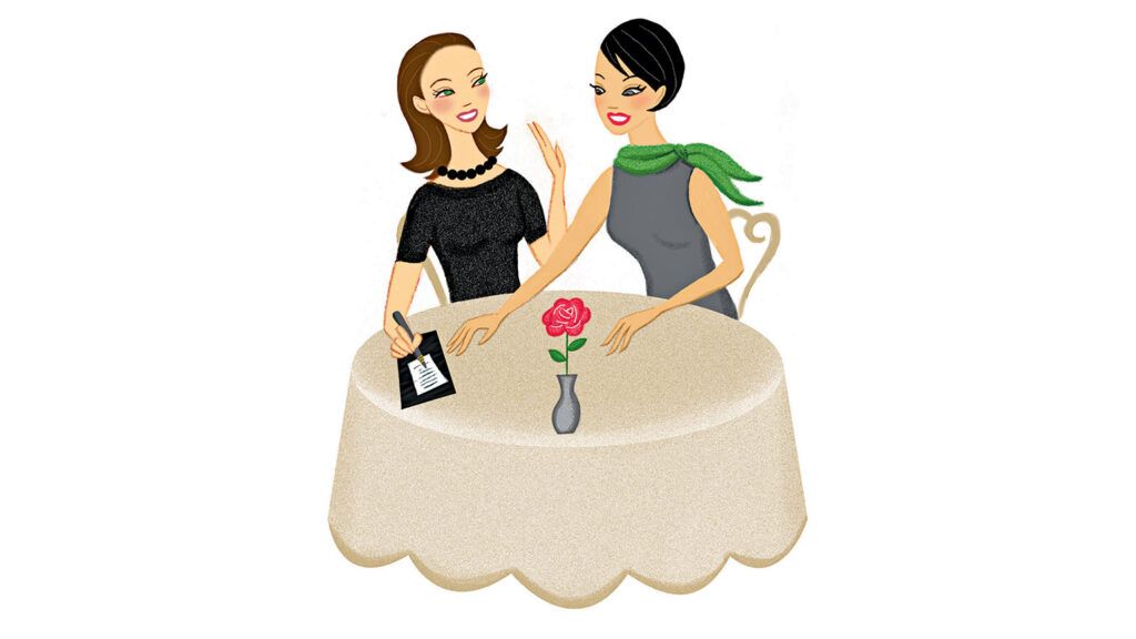 An artist's rendering of two women out for dinner