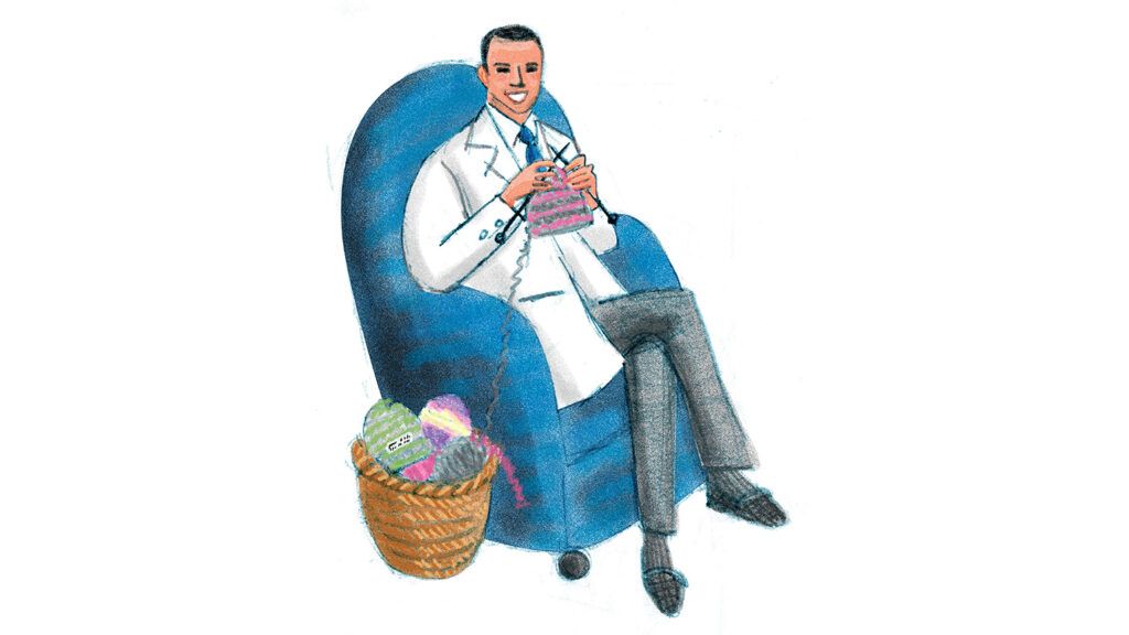 An artist's rendering of a doctor crocheting beanie caps