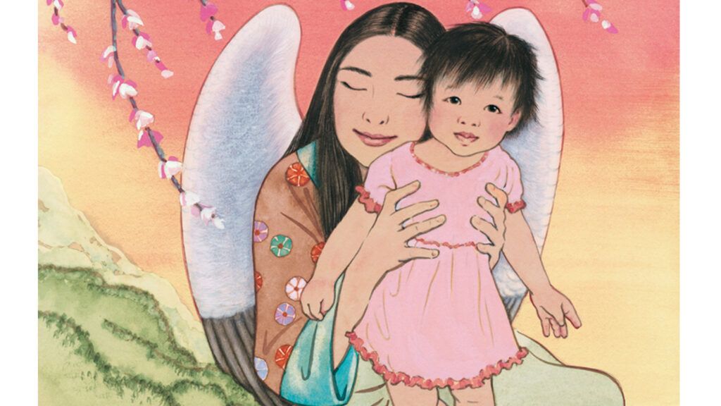 An artist's rendering of a Chinese angel embracing a young Chinese girl
