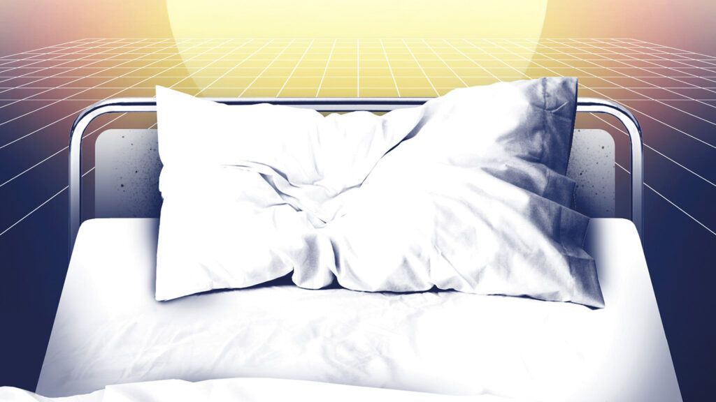 An artist's rendering of a glowing heavenly light hovering over a patient's bed