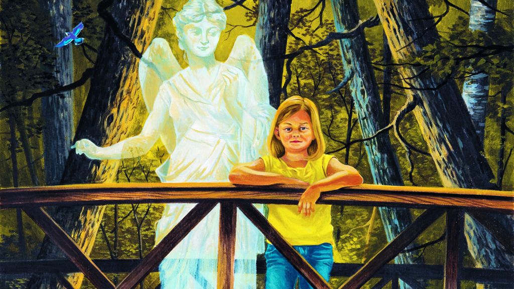 Young girl on a bridge with a sad expression as her guardian angel appears behind her