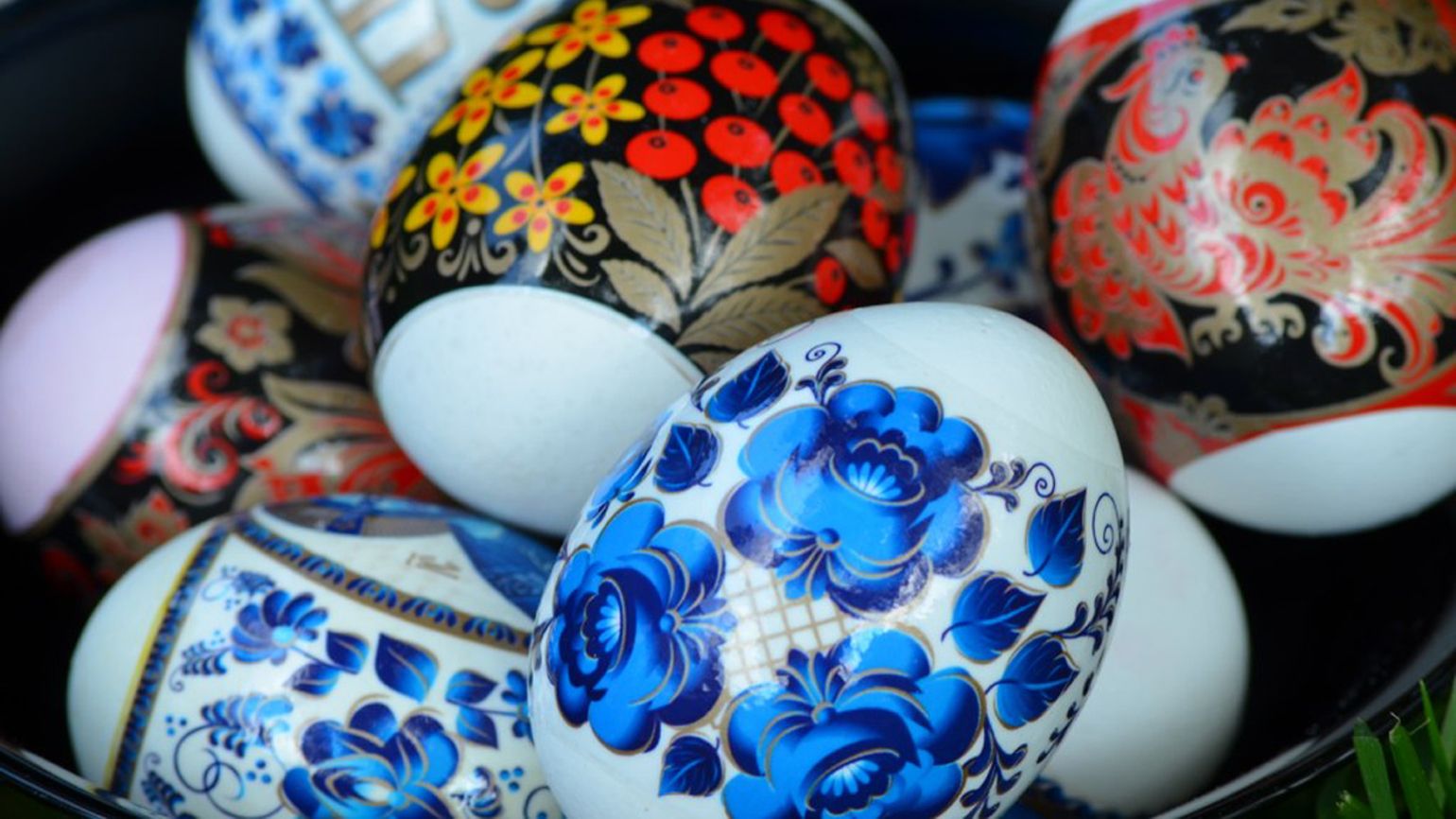 A close up of designed Easter eggs