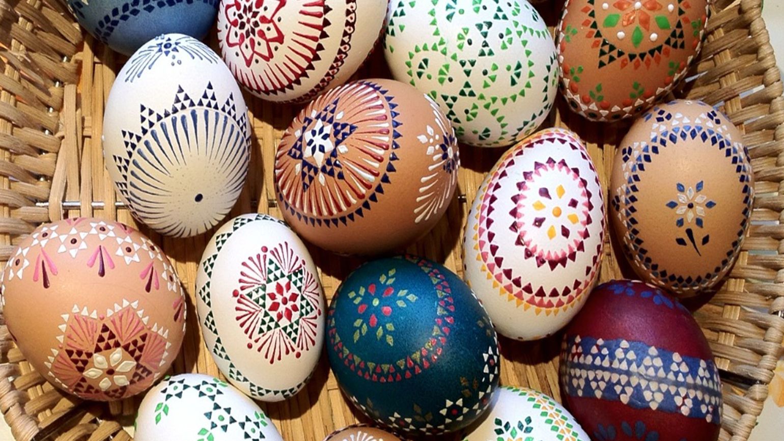 A basket full of Easter eggs with dot and line designs from Germany