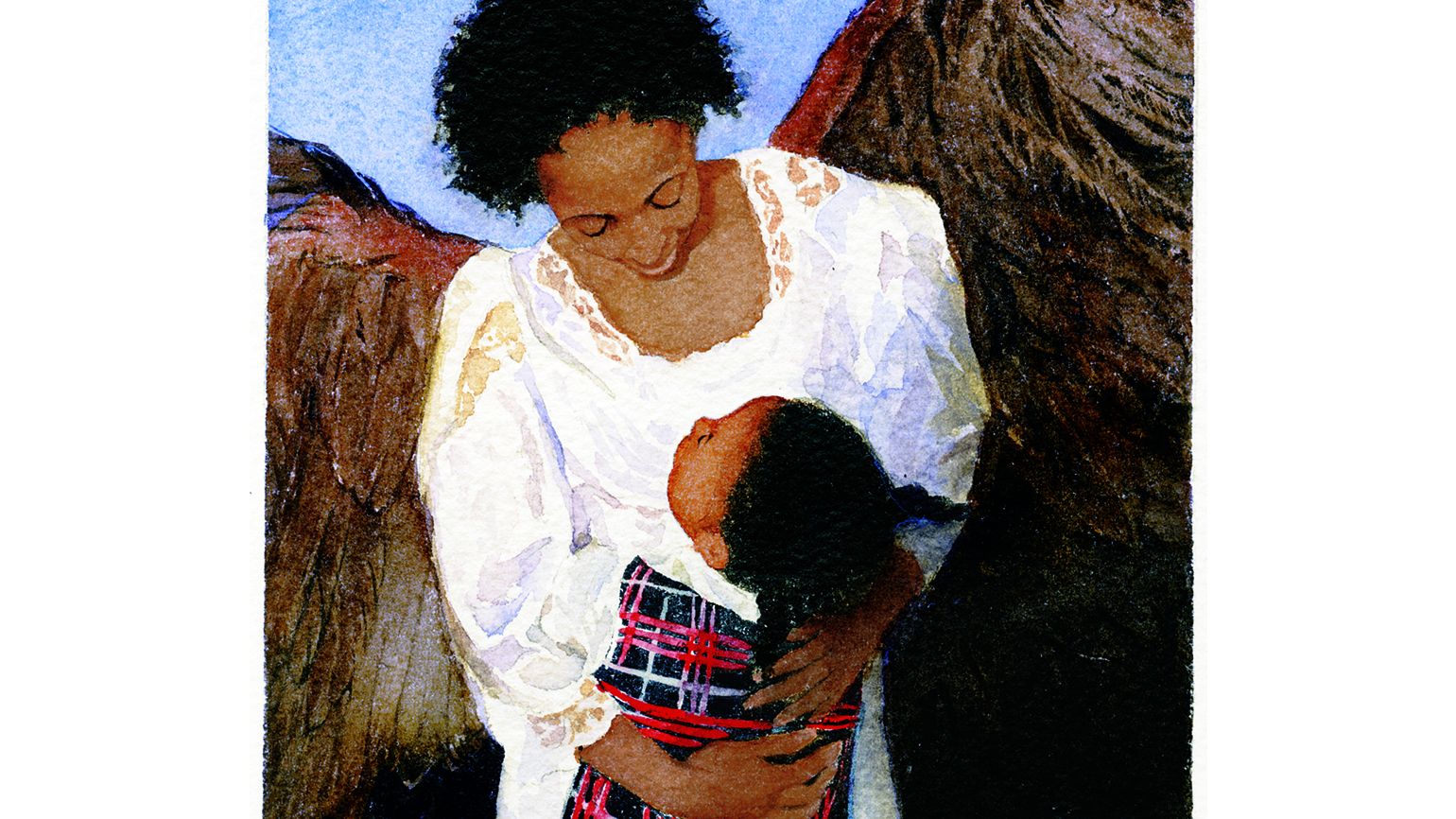 An artist's rendering of a guardian angel hugging a smiling child