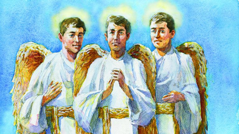 Three guardian angels with gold wings in matching white robes
