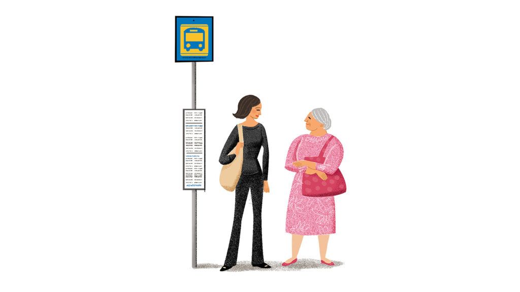 An artist's rendering of a young woman and a senior citizen chatting at a bus stop