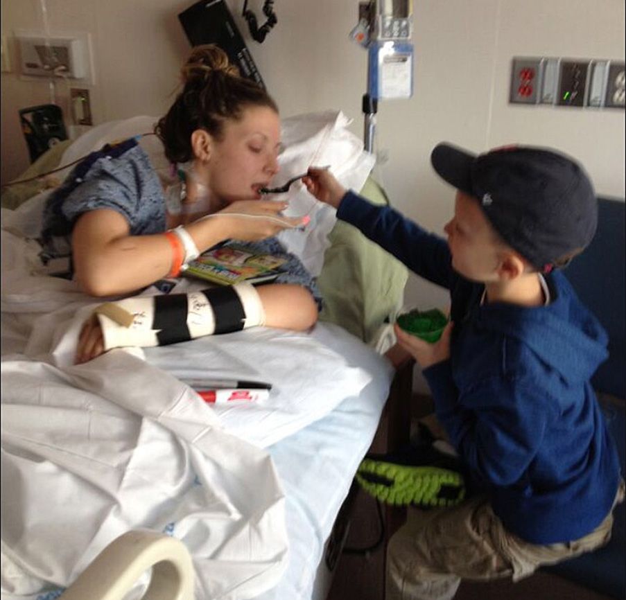Rebekah's son, Noah, at her side in the hospital