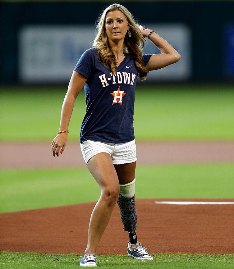 Some two years after the bombing, Rebekah throws out the first pitch at a Houston Astros game in Minute Maid Park.