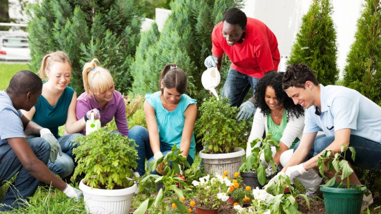 teens from different racial backgrounds gardening together, smiling