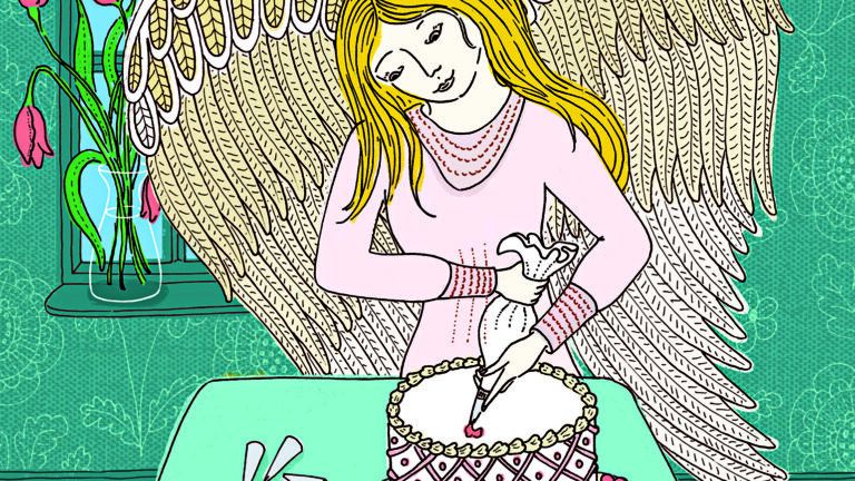 An illustration of an angel decorating a cake