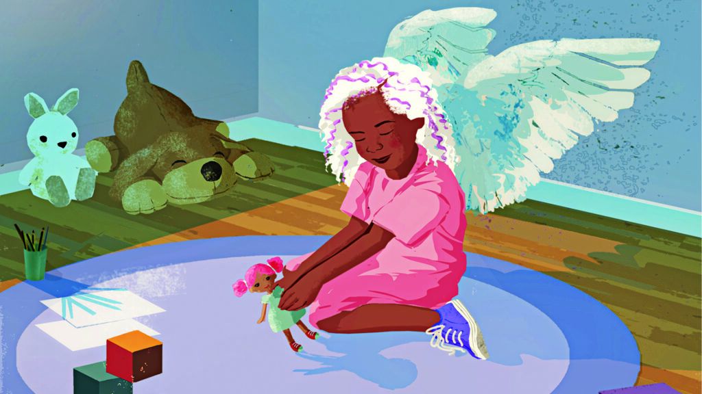 A young girl with angel wings plays with a doll in her bedroom