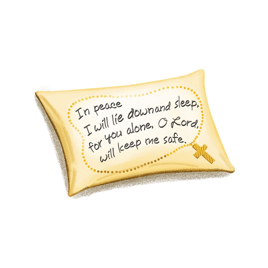 An artist's rendering of a pillowcase with scripture embroidered on it