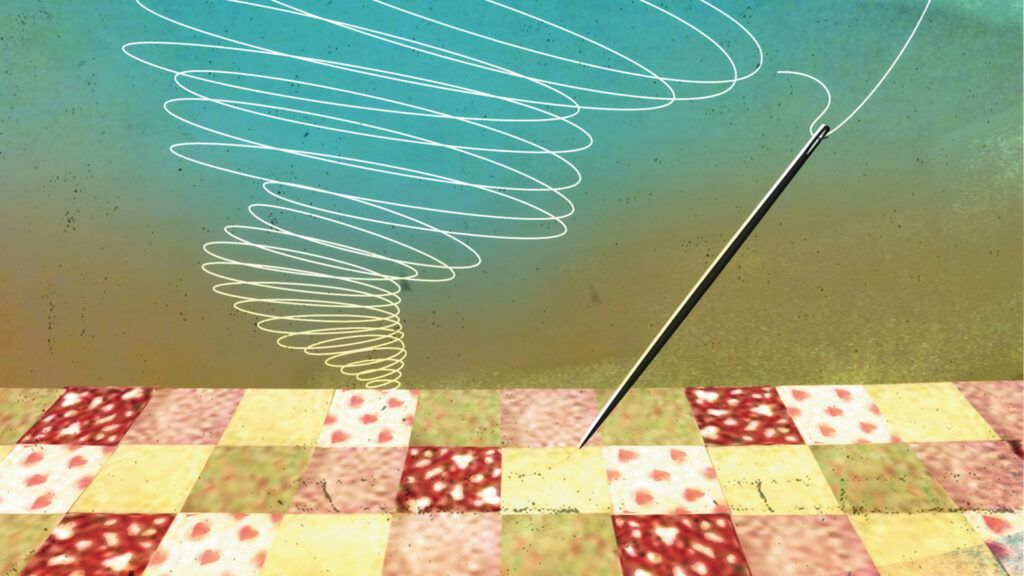 An artist's rendering of a needle with thread swirling like a tornado