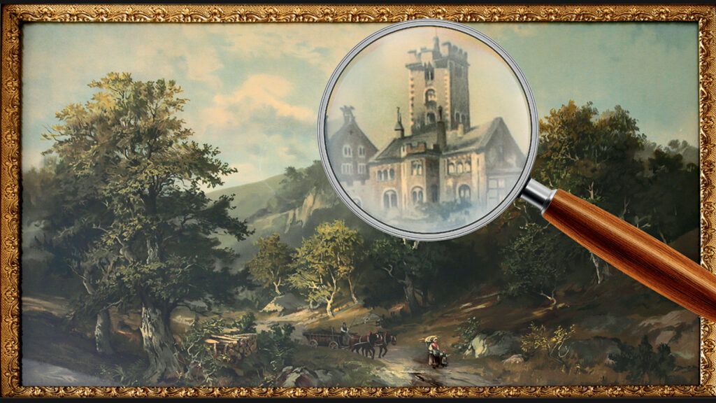Carlton Milbrandt's castle painting, with a magnifying glass superimposed on it