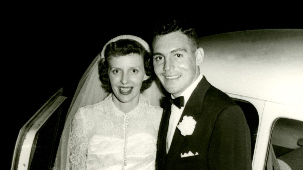 Karen and Lloyd Leveridge, on the evening of their wedding in 1954