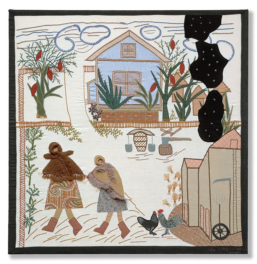 An Esther Krinitz tapestry entitle Black Sky Falling