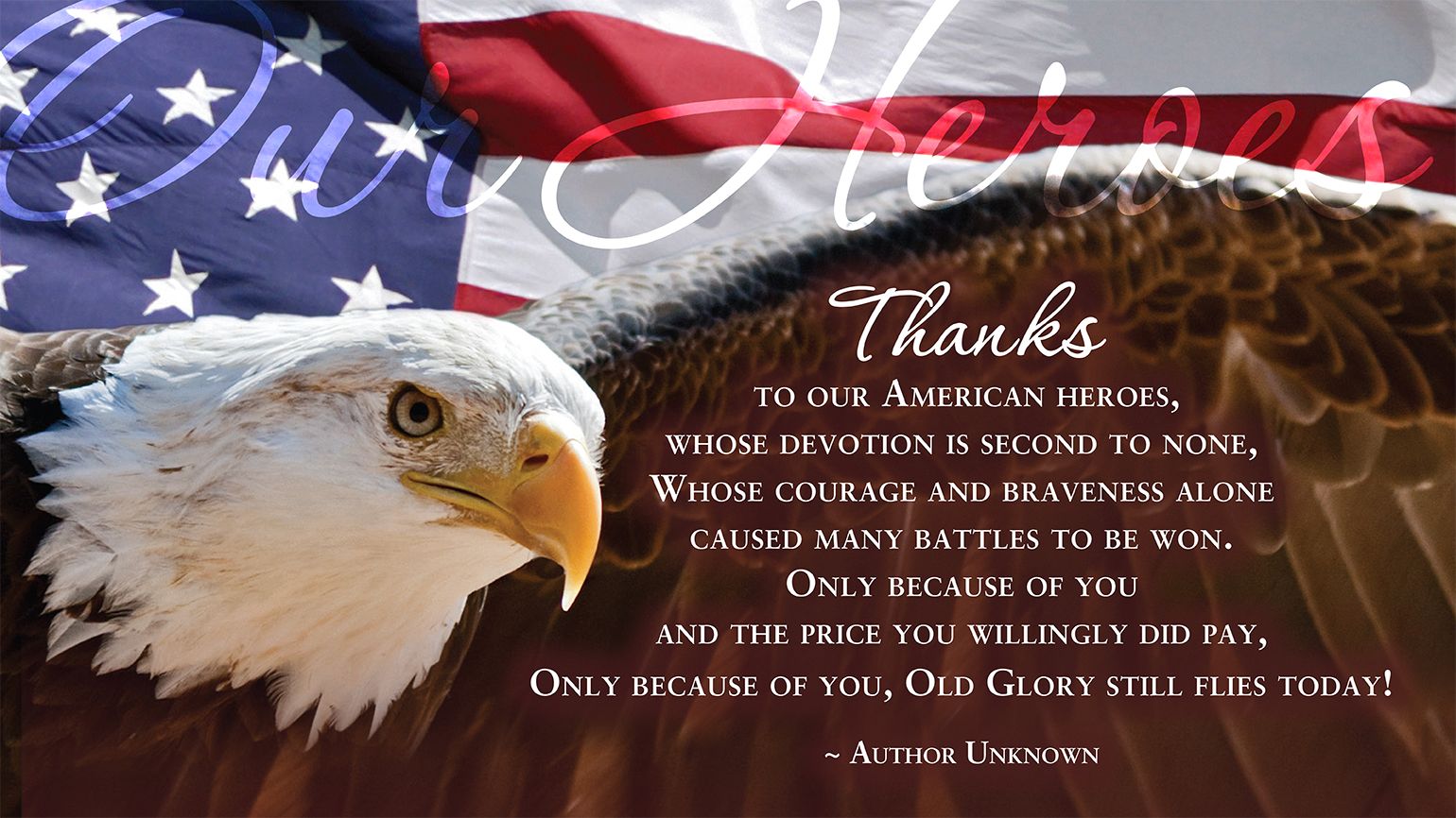 An eagle flies, wings spread, over a poem of gratitude to our veterans and troops