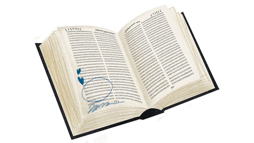 An artists rendering of an open Bible with a verse highlighted