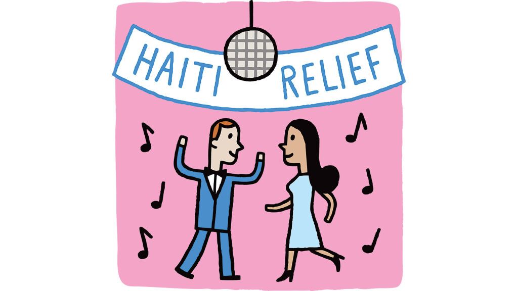 An artist's rendering of students dancing at their prom under a banner reading Haiti Relief