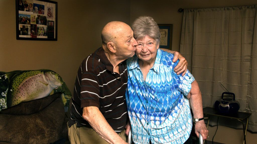 James Motter kisses his wife Eileen. The Ohio couple has been married 65 years.