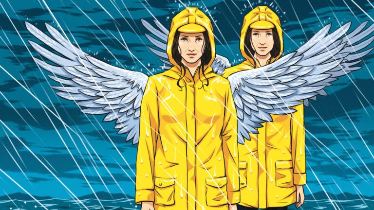 An artist's rendering of a pair of angels in yellow raincoats and caps
