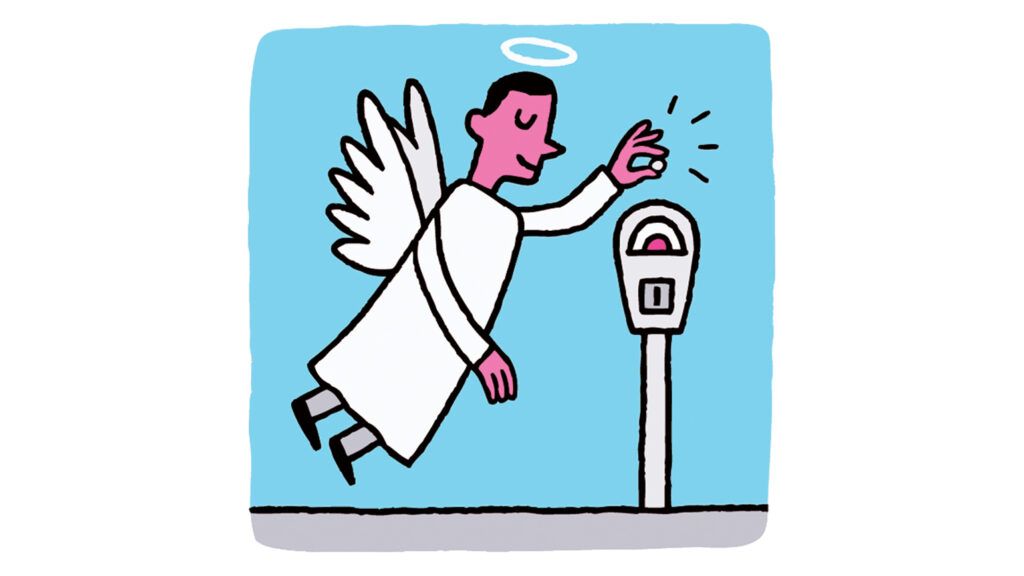 An artist's rendering of an angel inserting coins into a parking meter
