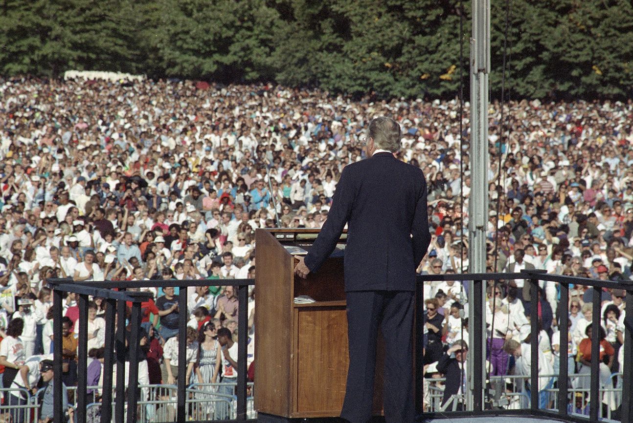 In 1991, Graham conducted his first New York City crusade in 21 years. Here, he speaks to 250,000 people gathered on the Great Lawn of New York's Central Park.