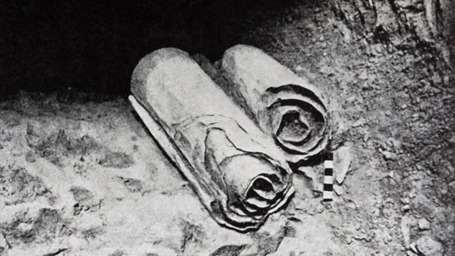 A pair of scrolls found in the caves of Qumran, near the Dead Sea in Israel