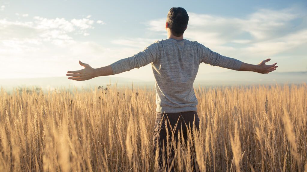 A man stands in a wheat field, arms outstretched, soaking up the sun's warmth