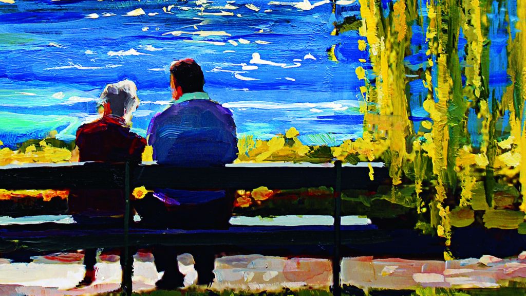 Painting of a man talking to an older woman sitting on a bench by the waterfront.