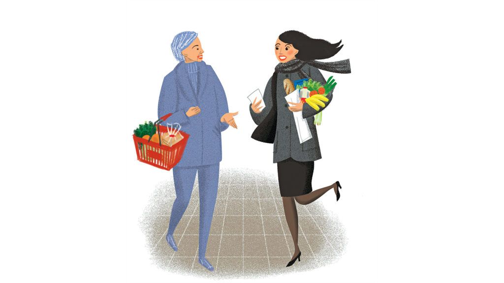An artist's rendering of a mature woman allowing a young woman in a hurry to go ahead of her at the grocery checkout