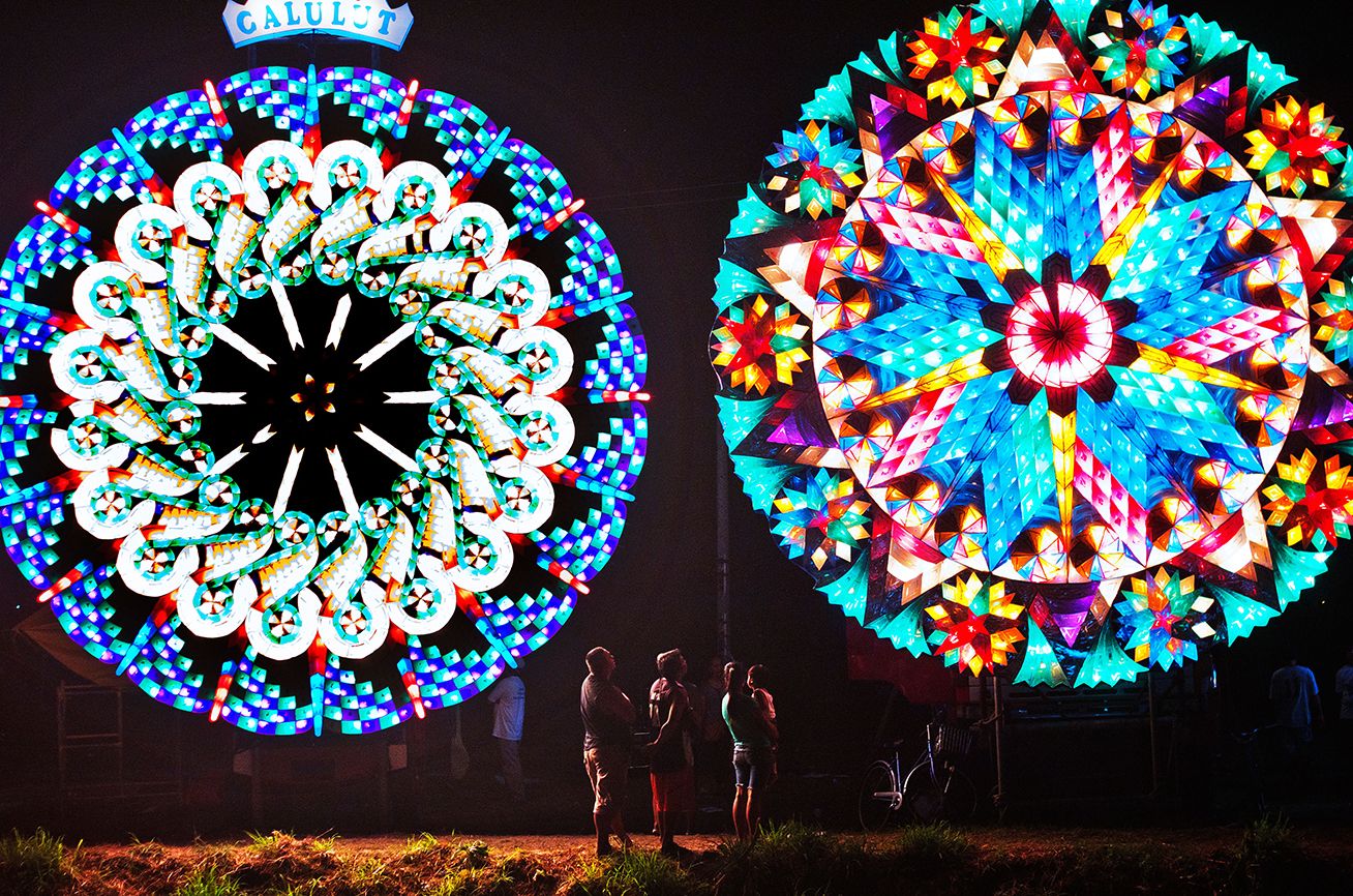 A pair of colorful giant lanterns, a Christmas tradition in the Philippines