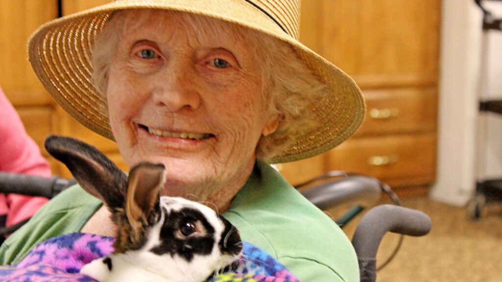June Floyd has a special relationship with the rabbit — appropriately named Thumper — that makes her home in the senior living location in Fort Collins, Colorado, where June lives. Thumper's favorite lunch? Salad bar, of course.
