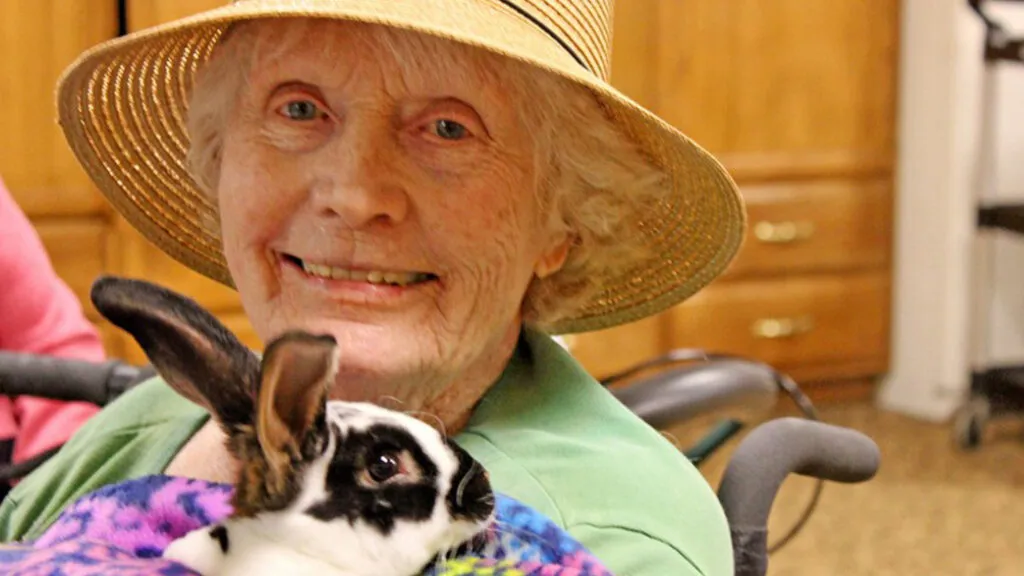 June Floyd has a special relationship with the rabbit — appropriately named Thumper — that makes her home in the senior living location in Fort Collins, Colorado, where June lives. Thumper's favorite lunch? Salad bar, of course.