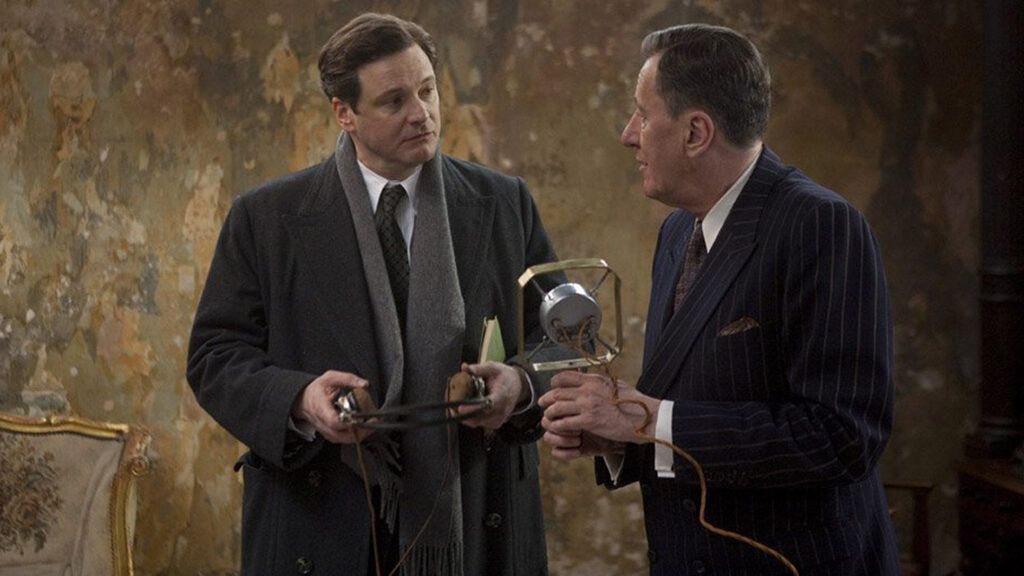 Colin Firth (left) and Geoffrey Rush in a scene from The King's Speech