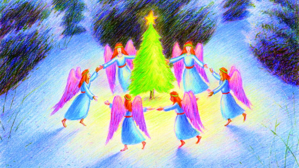 An artist's rendering of a ring of angels dancing around a Christmas tree