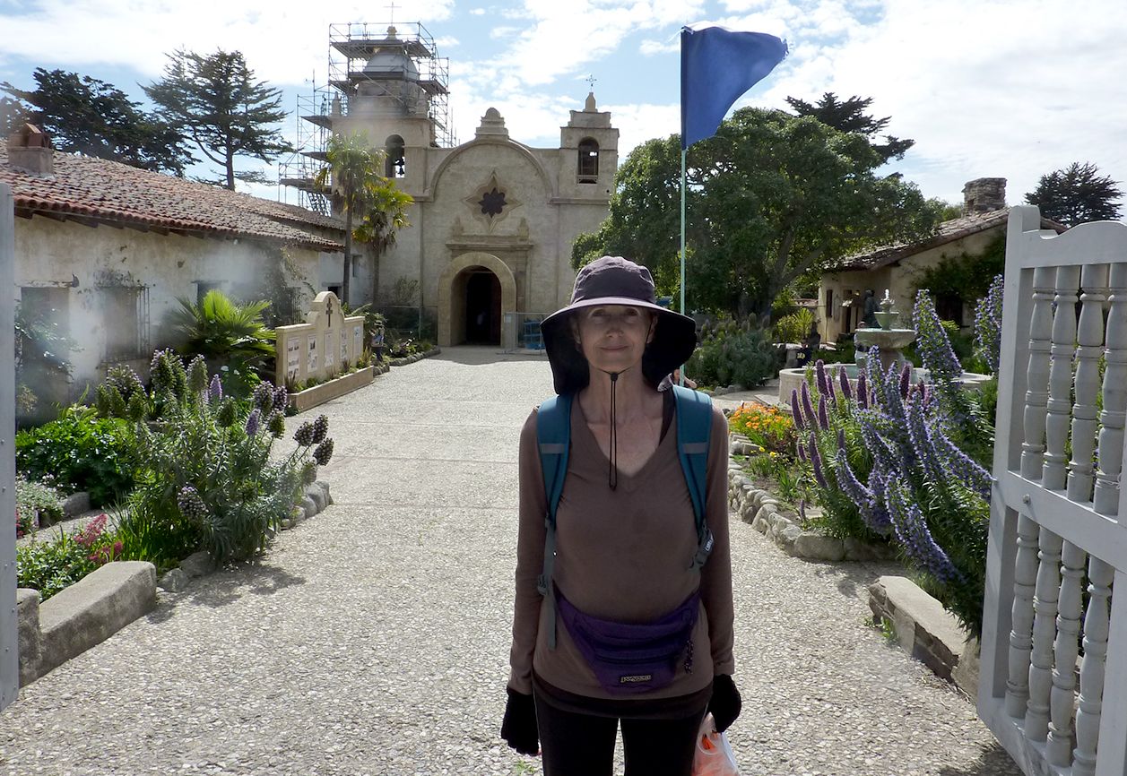 Day 40: Edie arrives at Carmel Mission after traveling 15 miles from Laguna Seca.