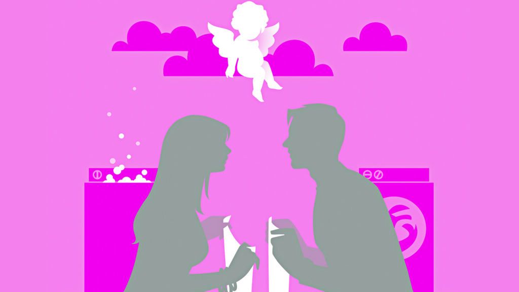 A color block silhouette of a couple holding an article of clothing in a laundromat with Cupid hovering above.