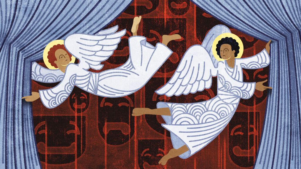 An artist's rendering of a pair of angels pulling stage curtains open