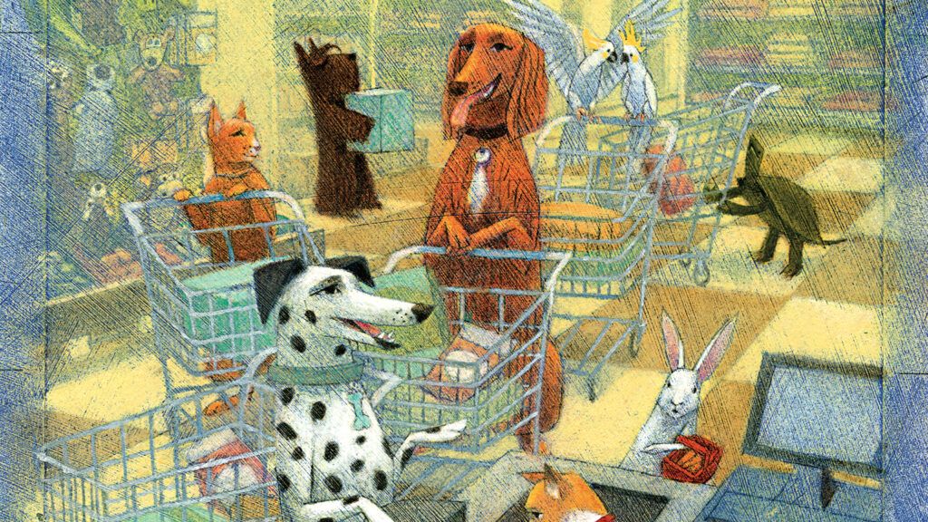 An illustration of various domestic pets shopping with grocery carts in a supermarket.