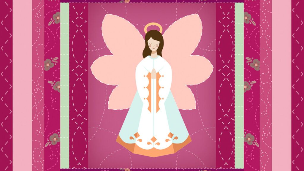 A colorful illustration of a patterned quilt with an angel sewn in the middle.