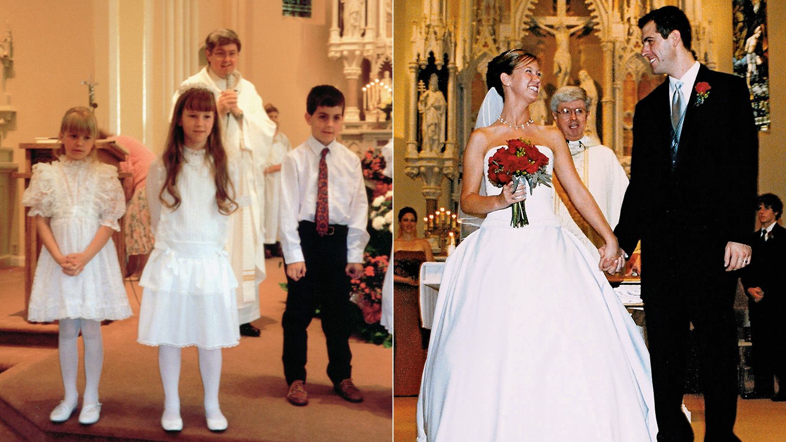Evan Rezin and her husband, Bryan, at their first communion and on their wedding day.