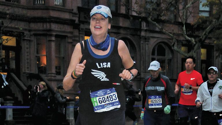 Lisa nears the finish of a marathon