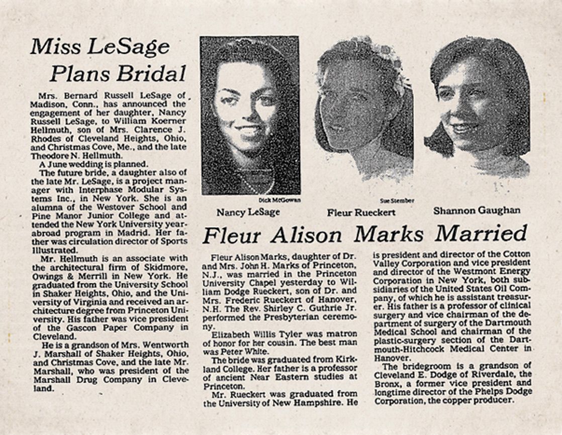 The Times' adjacent announcements of Nancy and Fleur's weddings