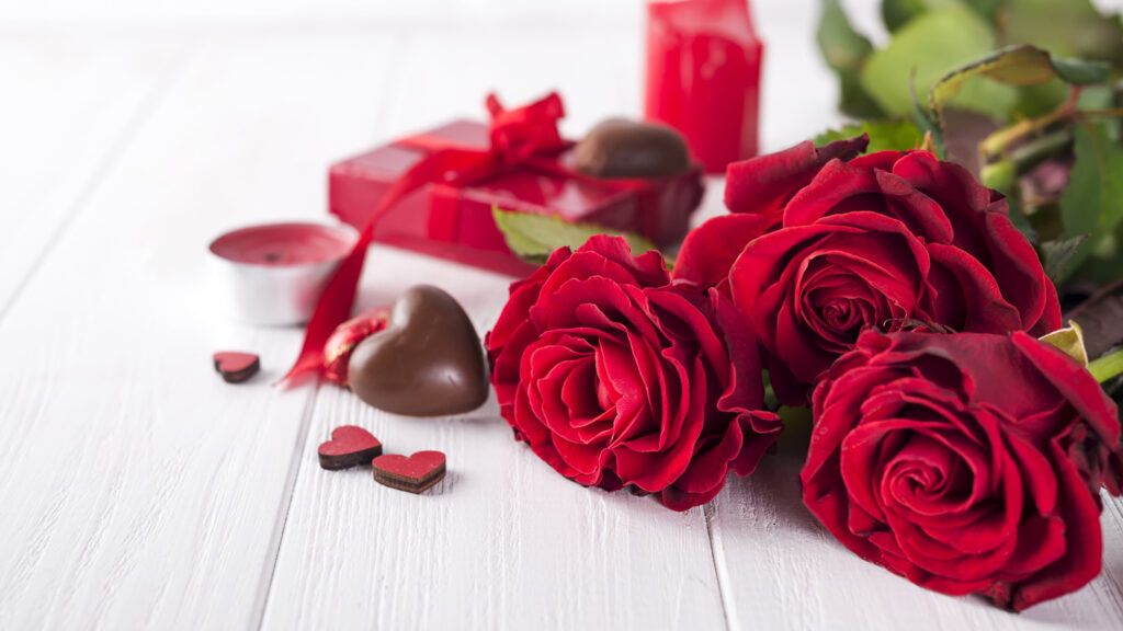 Beautiful red rose and dark chocolate for valentine's day on white wooden platform