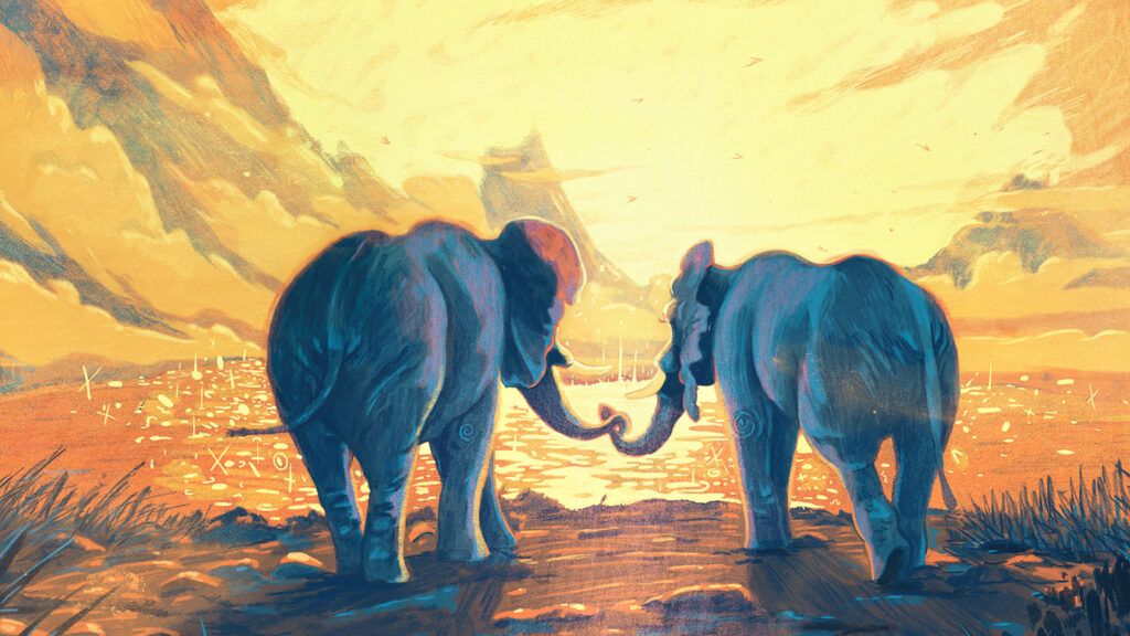 An artist's rendering of a pair of grieving elephants