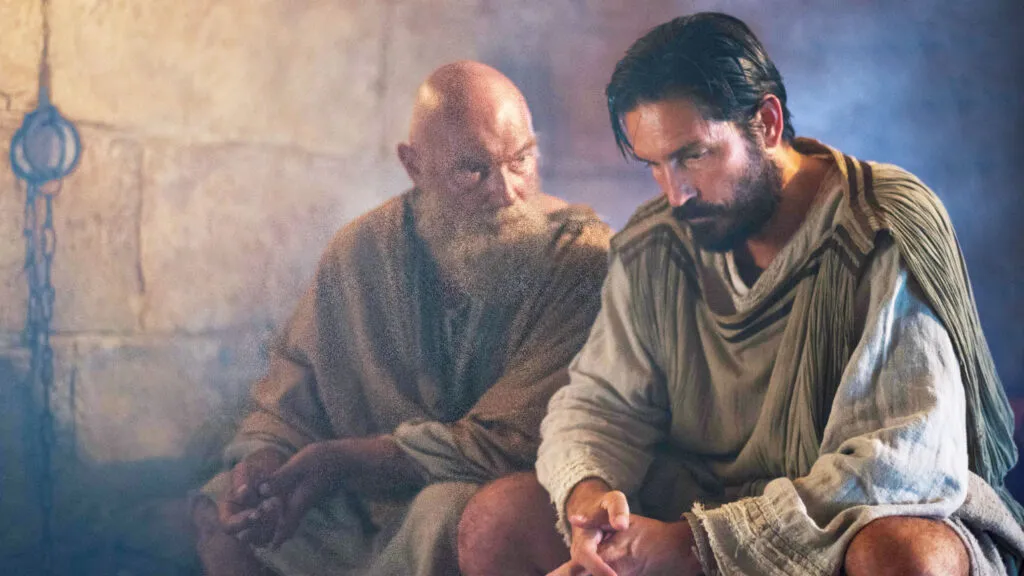 Jim Caviezel and James Faulkner in "Paul, Apostle of Christ"