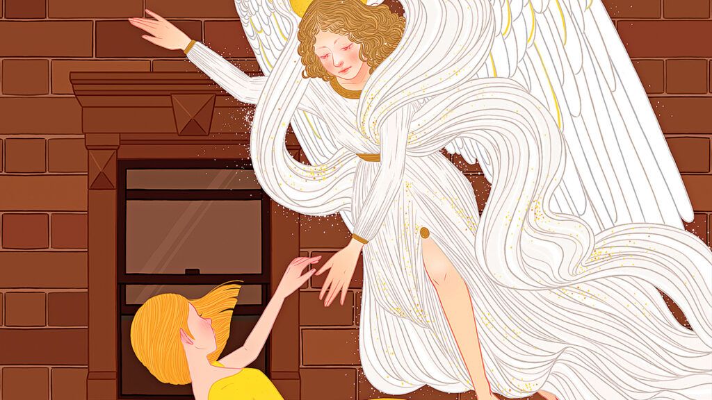 An artist's rendering of an angel reaching for a woman who is falling to the ground